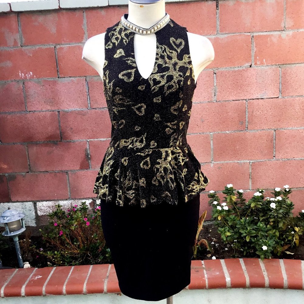 IPONA Cocktail Peplum Short Dress Metallic Gold Sparkly Embellished Stretchy S